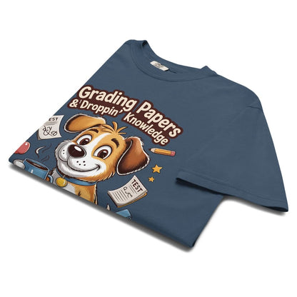 Blue t-shirt with a cartoon dog graphic and text on a white background
