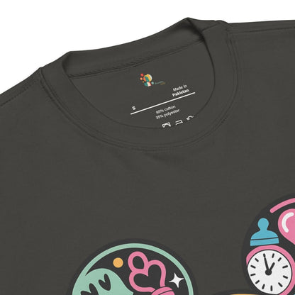 Black t-shirt with colorful graphics and brand logo on a white background