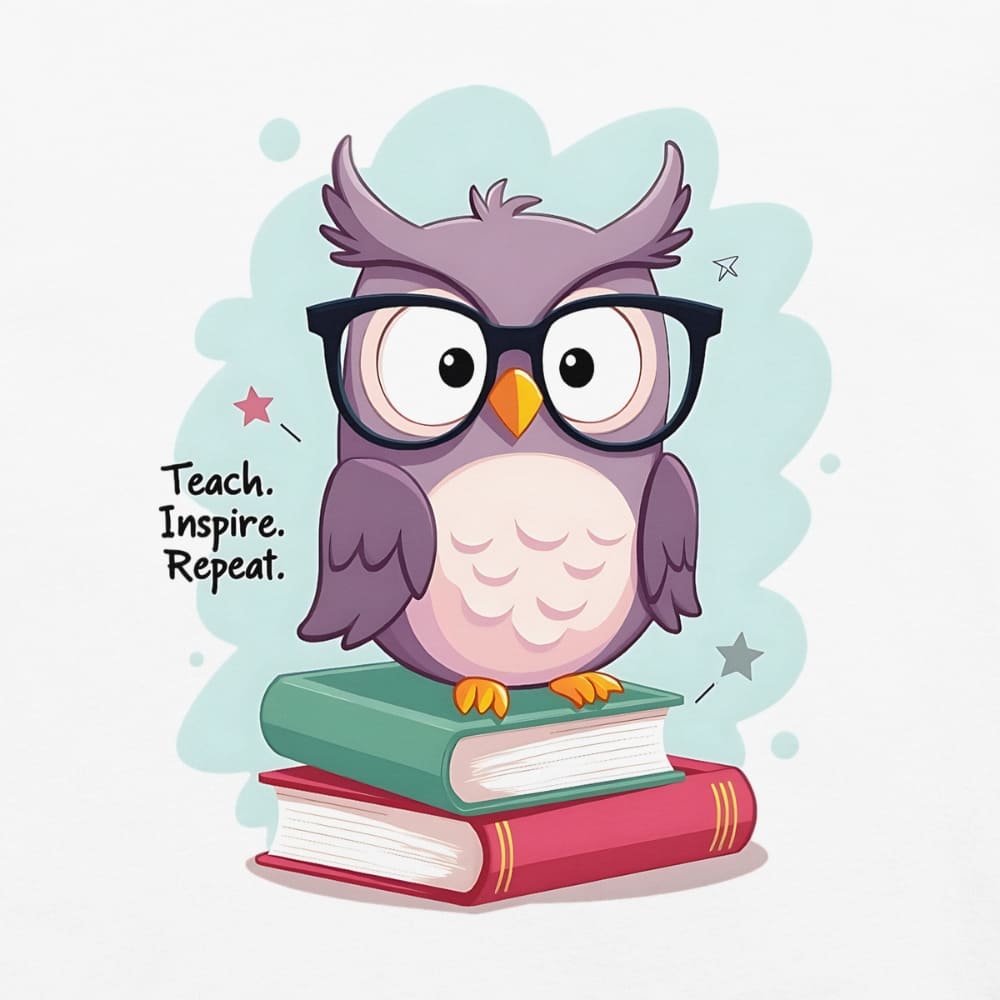 Cute purple owl with glasses sitting on stacked books, with quote "Teach. Inspire. Repeat." – printed on a teacher t-shirt