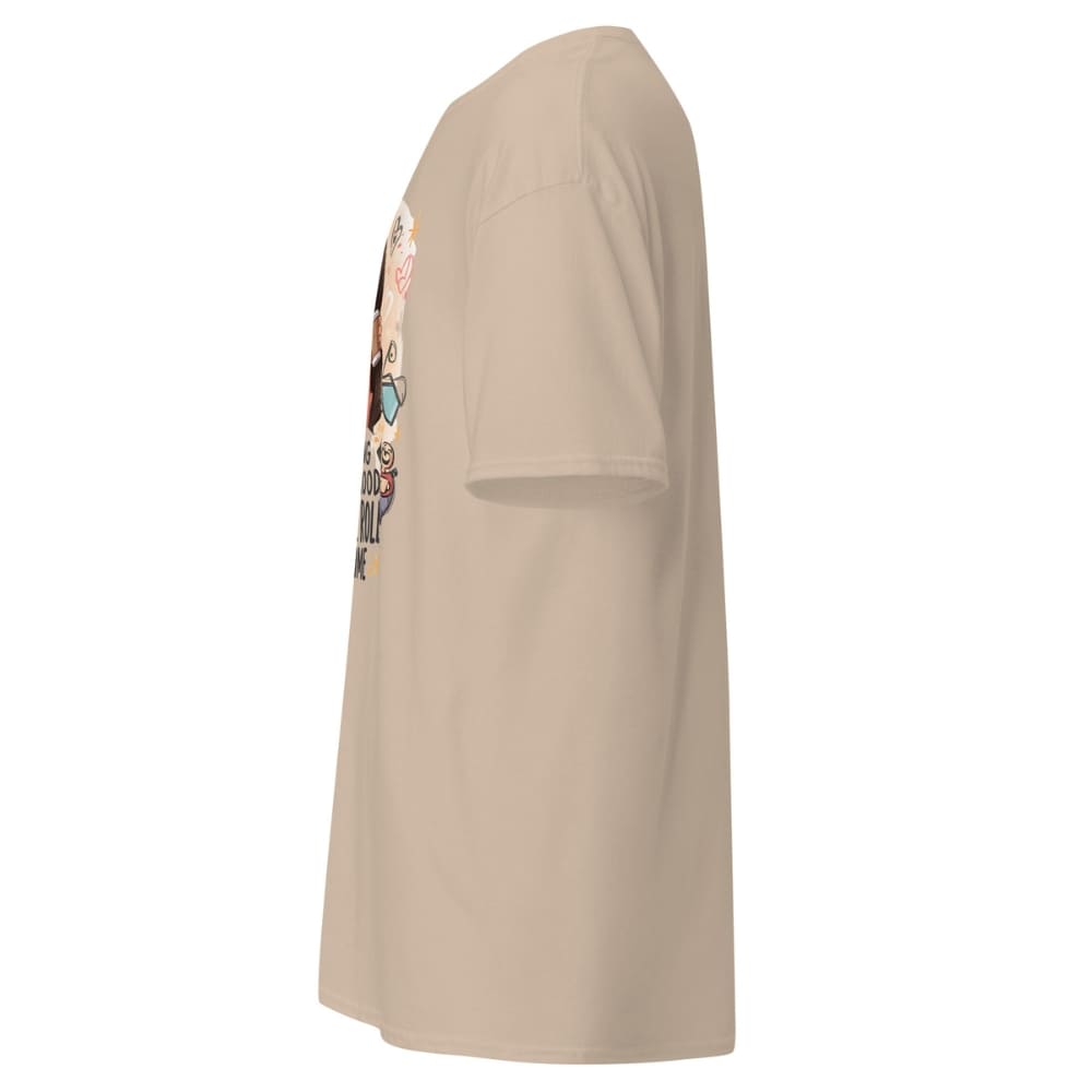 Beige t-shirt with a colorful graphic on the sleeve against a white background