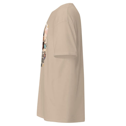 Beige t-shirt with a colorful graphic on the sleeve against a white background