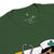 Green t-shirt with a cartoon character design on a white background