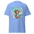 Light blue t-shirt with a graphic of a cartoon character and text on a white background