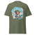 Green t-shirt with a graphic of a cartoon character and text on a white background