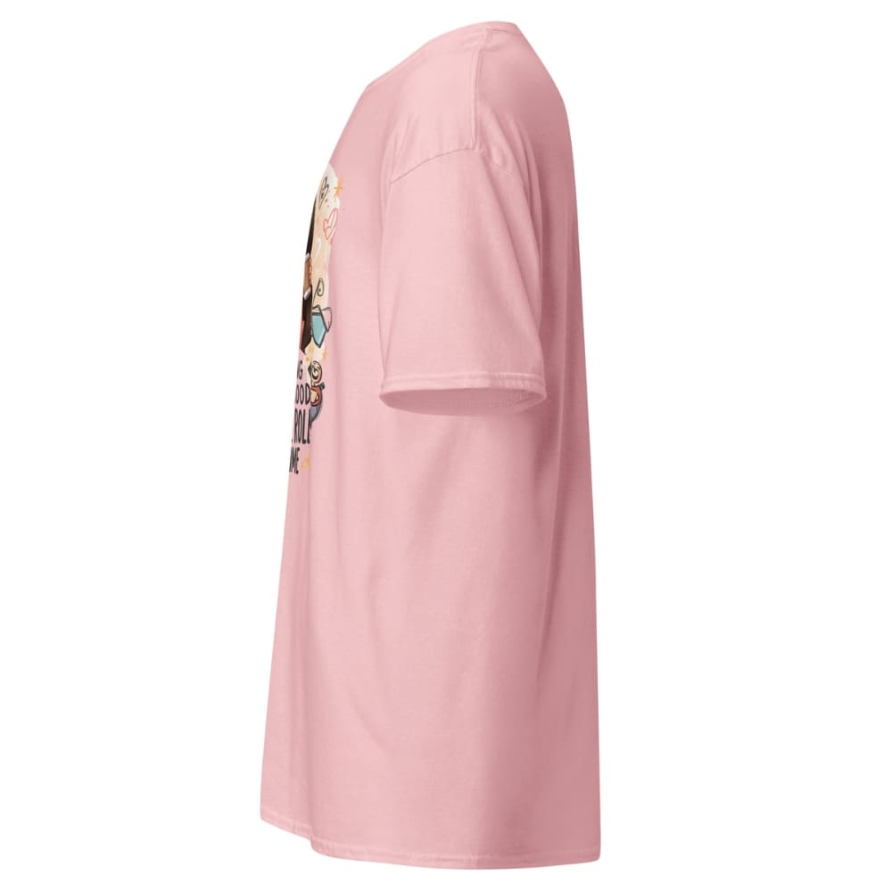 Pink t-shirt with a colorful graphic on the sleeve against a white background