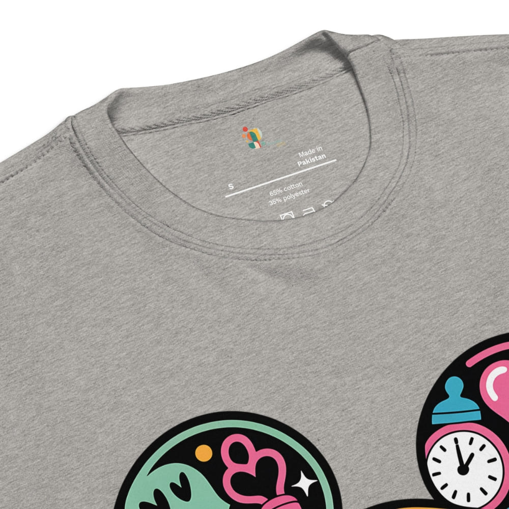 Gray t-shirt with colorful graphic designs on a white background