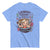 Light blue t-shirt with a graphic of a woman in a bathtub surrounded by laundry items and text on a white background.