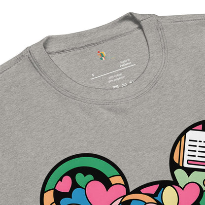 Gray t-shirt with colorful graphic design on a white background