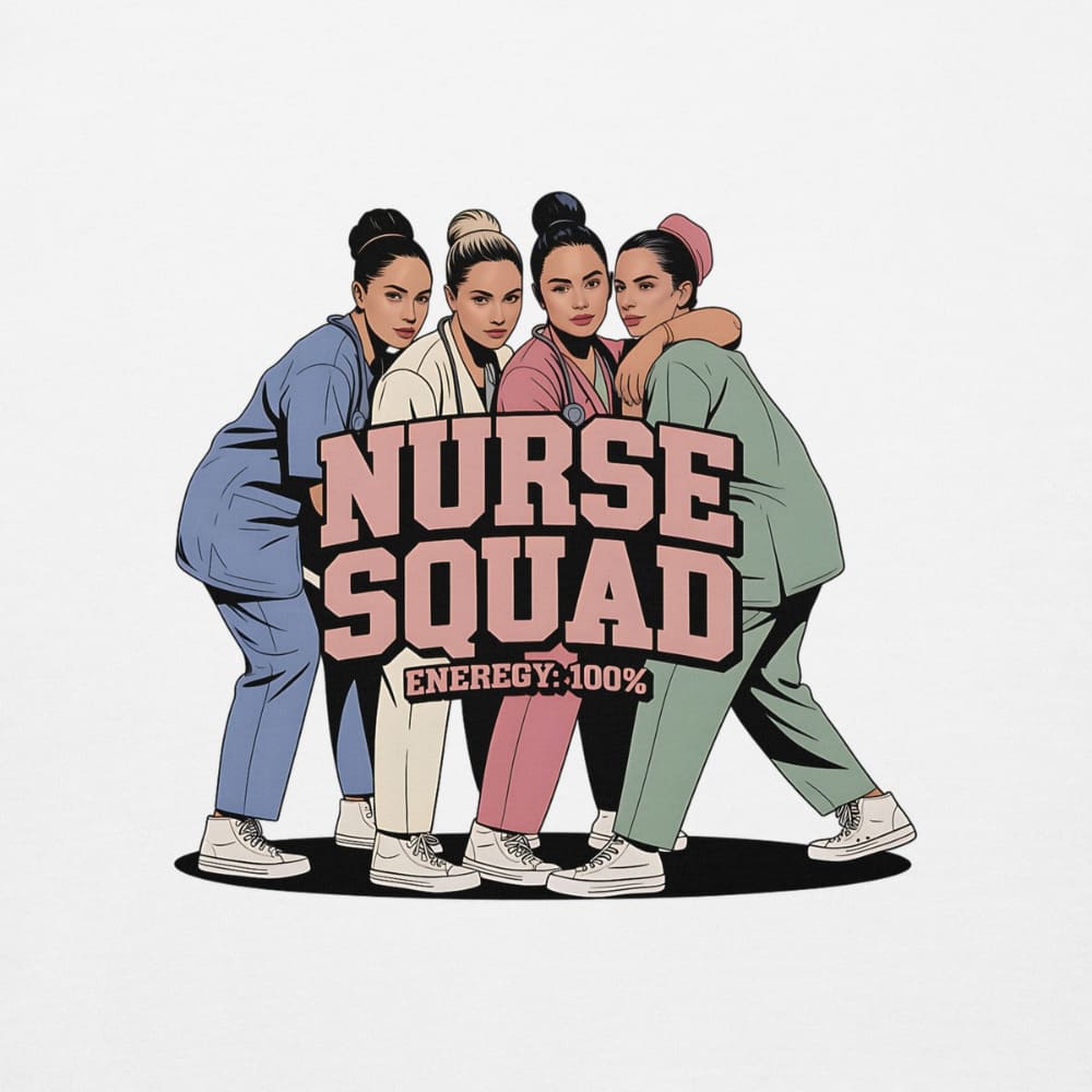 Illustration of four nurses in scrubs with 'Nurse Squad' text on a white background