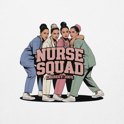 Illustration of four nurses in scrubs with 'Nurse Squad' text on a white background