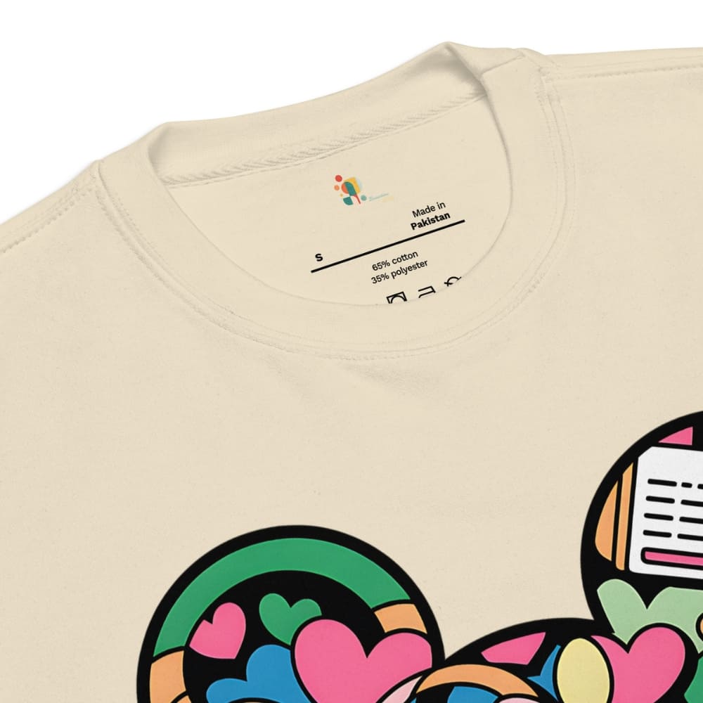 Beige t-shirt with colorful graphic design on a white background