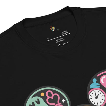 Black t-shirt with colorful graphics and text on a white background