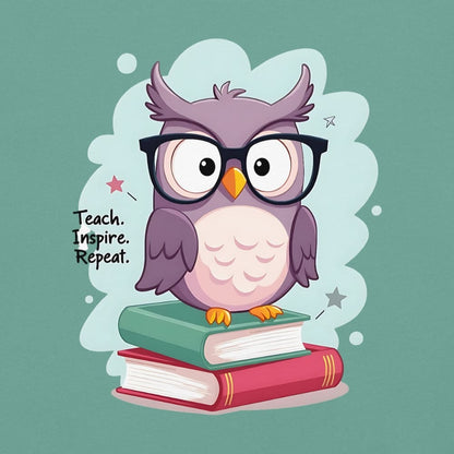 Cute purple owl with glasses sitting on stacked books, with quote "Teach. Inspire. Repeat." – printed on a teacher t-shirt