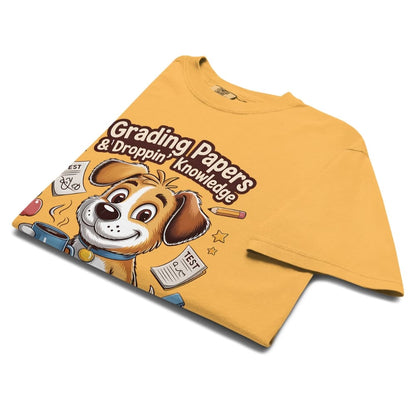 Yellow t-shirt with a cartoon dog graphic and text on a white background