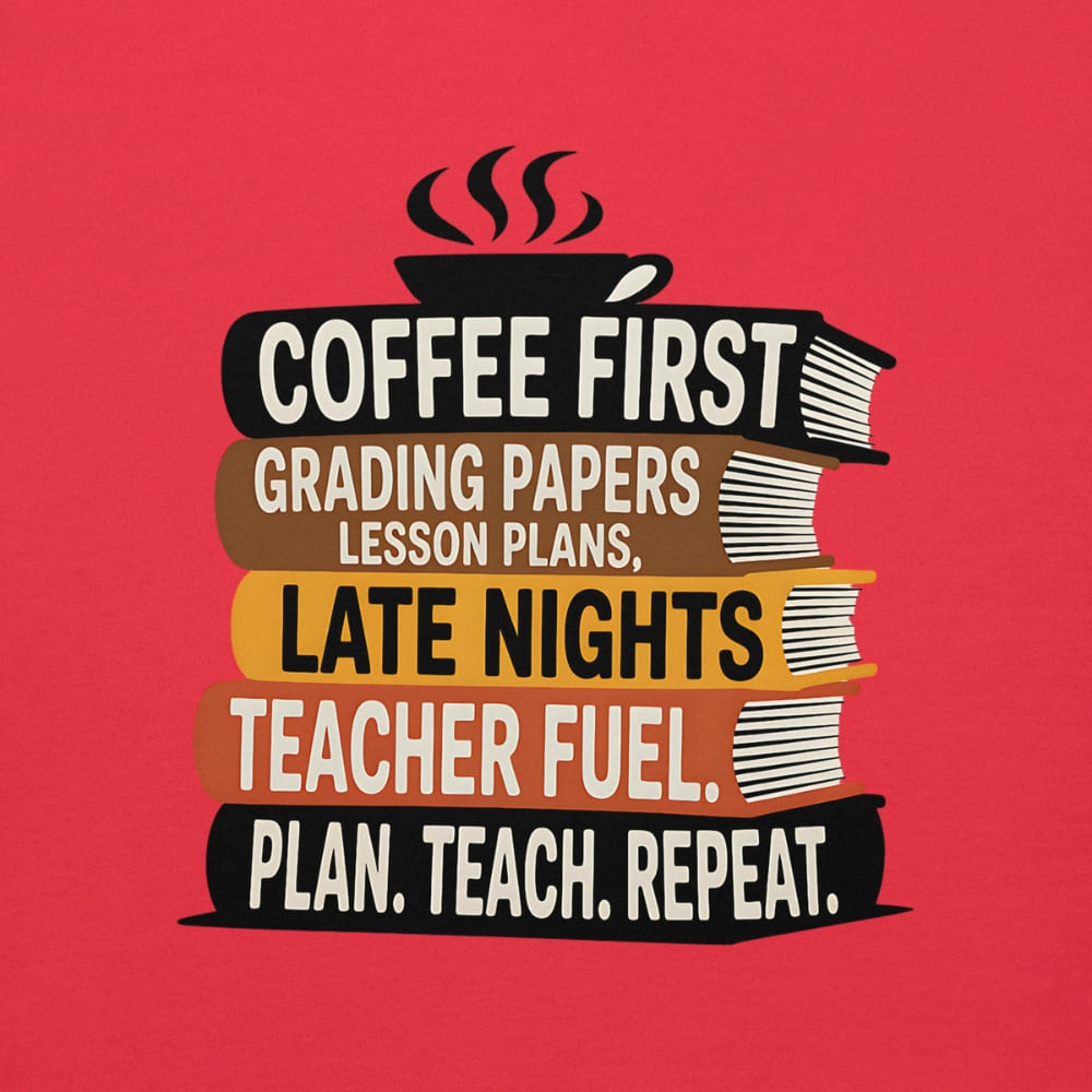 Stack of books with text about a teacher's day on a red background