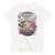 White t-shirt with a graphic design featuring a woman in a bathtub surrounded by laundry items and text on a white background.