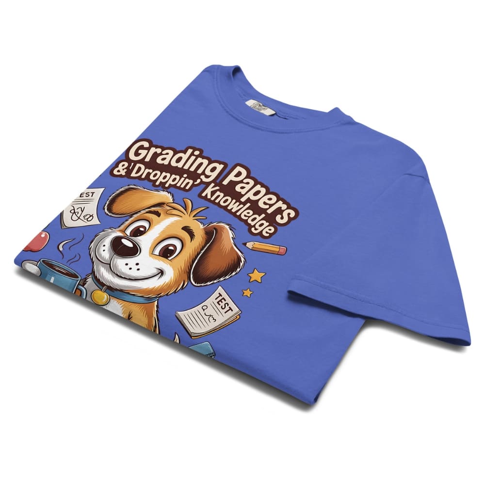 Blue t-shirt with a cartoon dog graphic and text on a white background