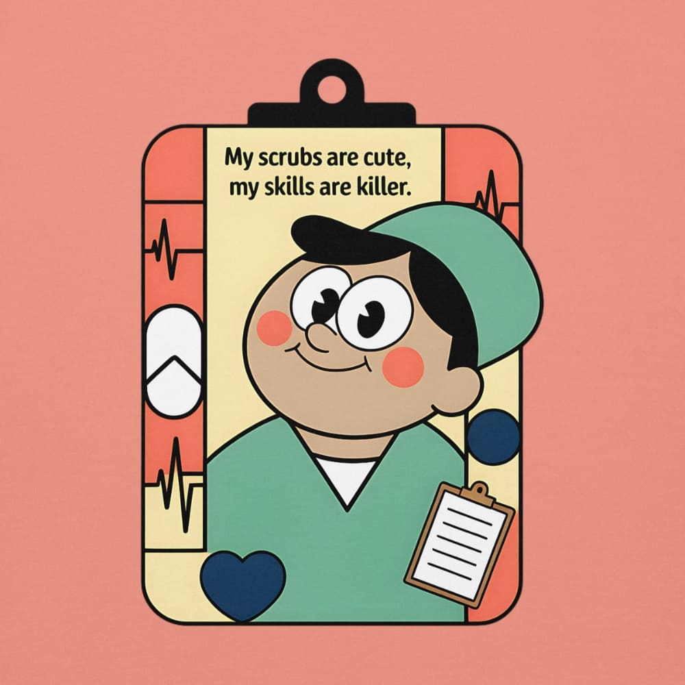 Cartoon character in scrubs with a clipboard on a pink background
