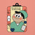 Cartoon character in scrubs with a clipboard on a pink background