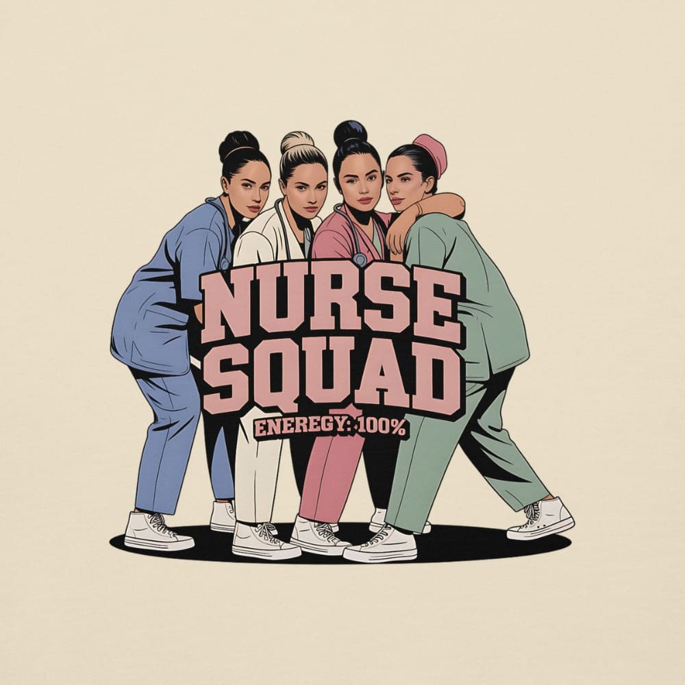 Illustration of four nurses in scrubs with 'Nurse Squad' text on a beige background