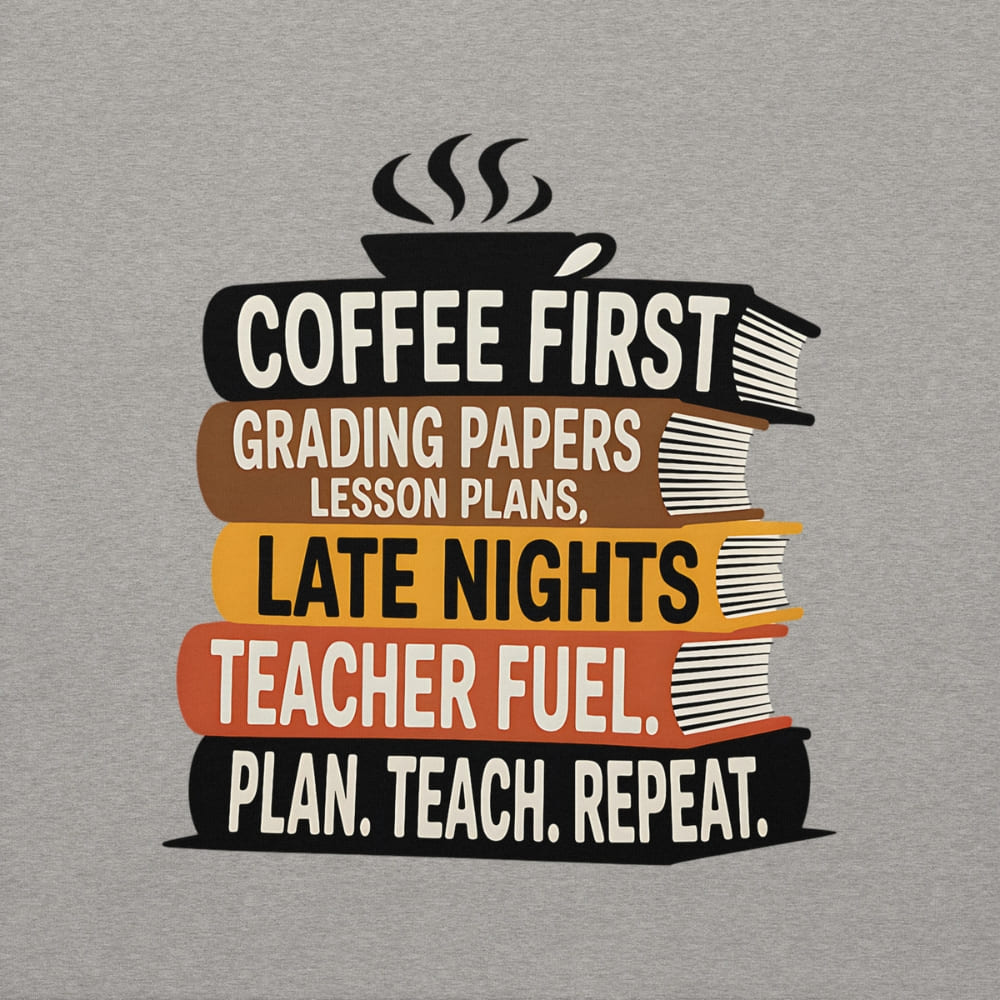 Stack of books with text about a teacher's day on a gray background