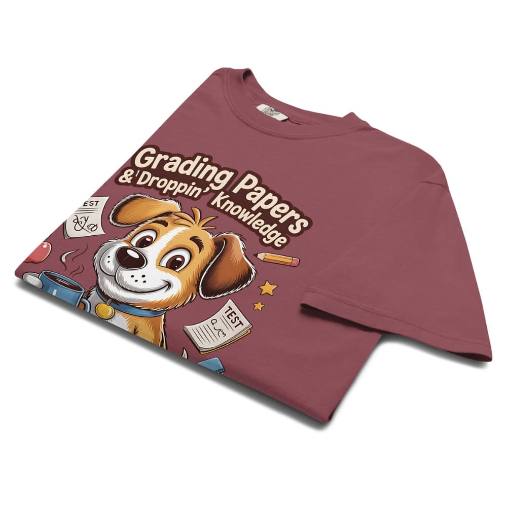 Maroon t-shirt with a dog graphic and text on a white background