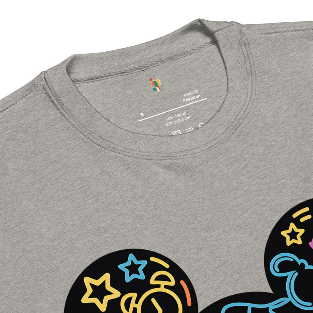 Gray t-shirt with colorful graphic design on a white background