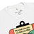 White t-shirt with a graphic design and text on a white background