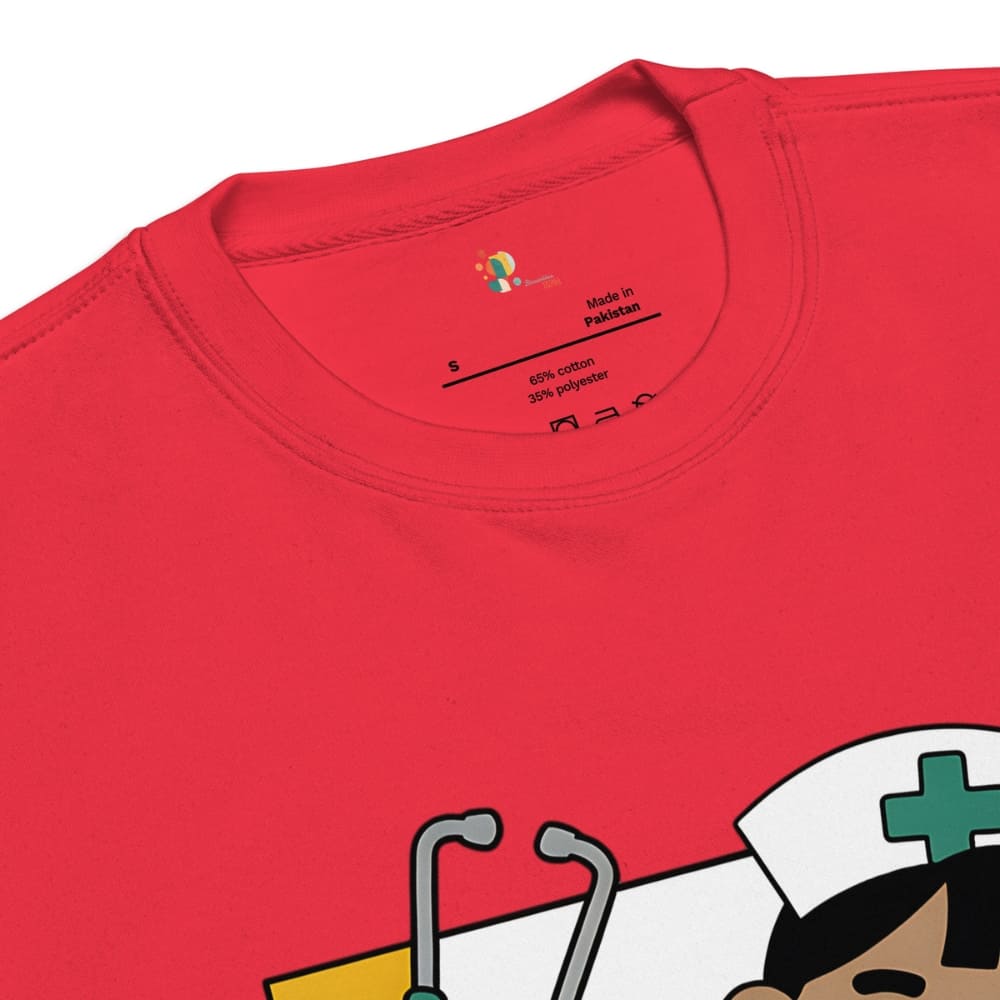 Red t-shirt with cartoon character and stethoscope graphic, brand logo visible.