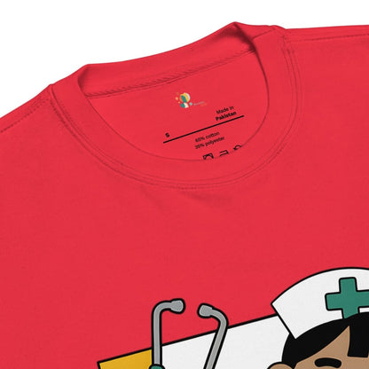 Red t-shirt with cartoon character and stethoscope graphic, brand logo visible.