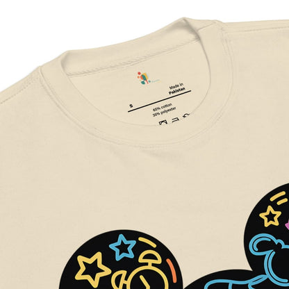 Beige t-shirt with colorful graphic design on a white background