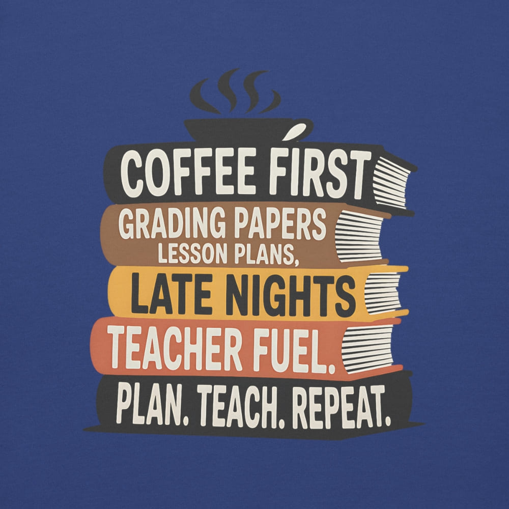 Stack of books with coffee cup on a blue background, featuring text about teaching life.
