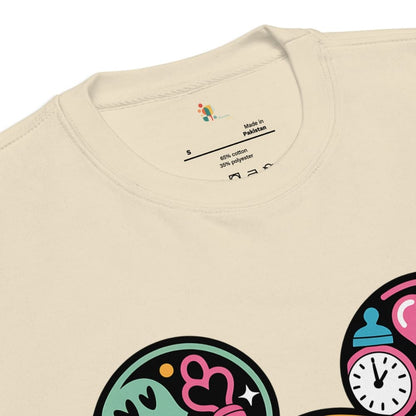 Beige t-shirt with colorful graphics and brand logo on a white background