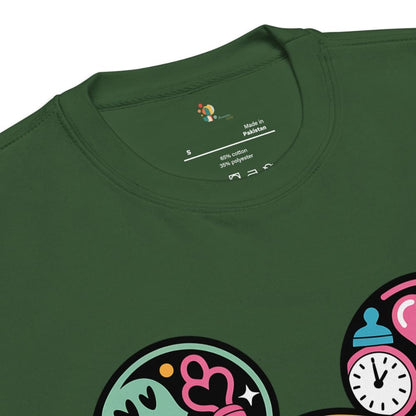 Green t-shirt with colorful graphics and brand logo on a white background