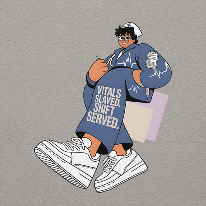 Cartoon character in a nurse outfit with text 'Vitals Slayed, Shift Served' on a gray background