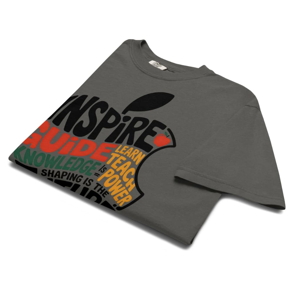 Gray t-shirt with motivational quote graphic on a white background