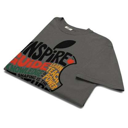 Gray t-shirt with motivational quote graphic on a white background