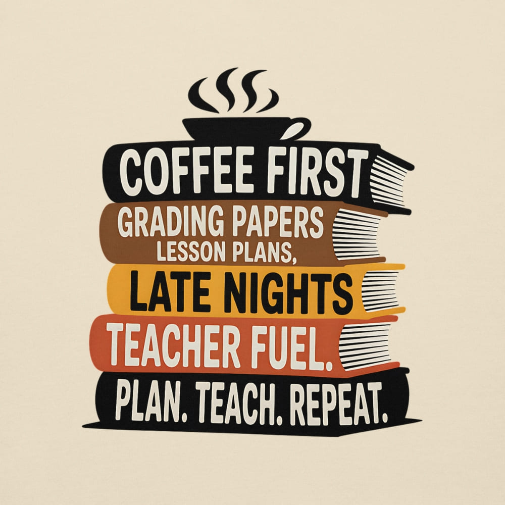 Stack of books with coffee cup graphic and text on a beige background