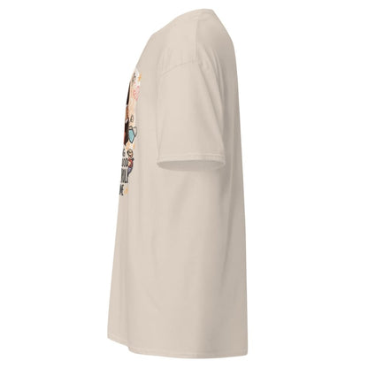 Natural t-shirt with a colorful graphic on the sleeve against a white background