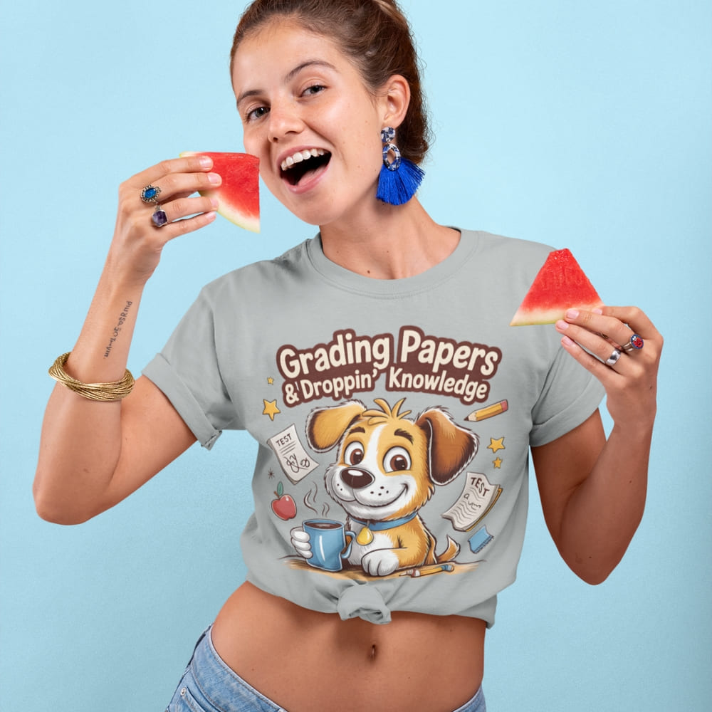 Woman wearing a t-shirt with a dog graphic and text, holding watermelon slices against a blue background