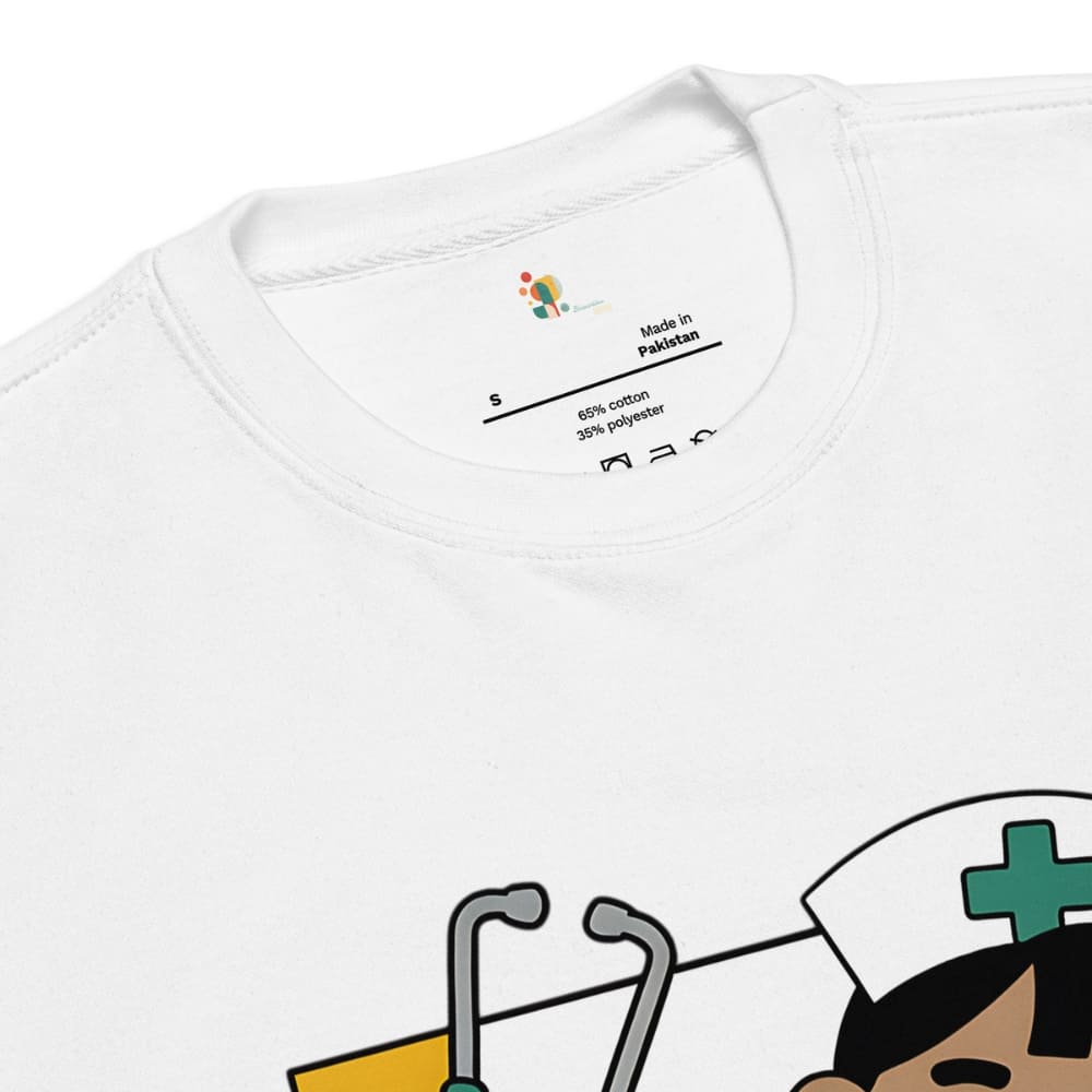 White t-shirt with cartoon character and stethoscope graphic, brand logo visible.