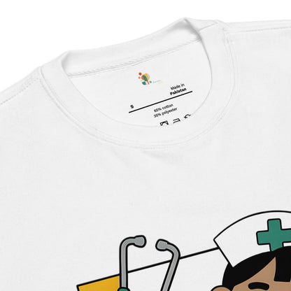 White t-shirt with cartoon character and stethoscope graphic, brand logo visible.