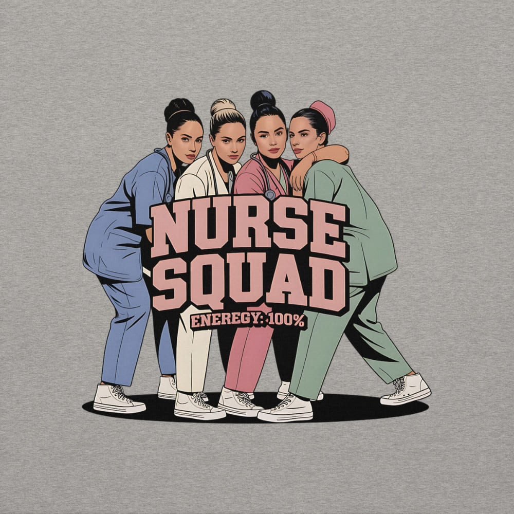 Graphic of four nurses in scrubs with 'Nurse Squad' text on a gray background