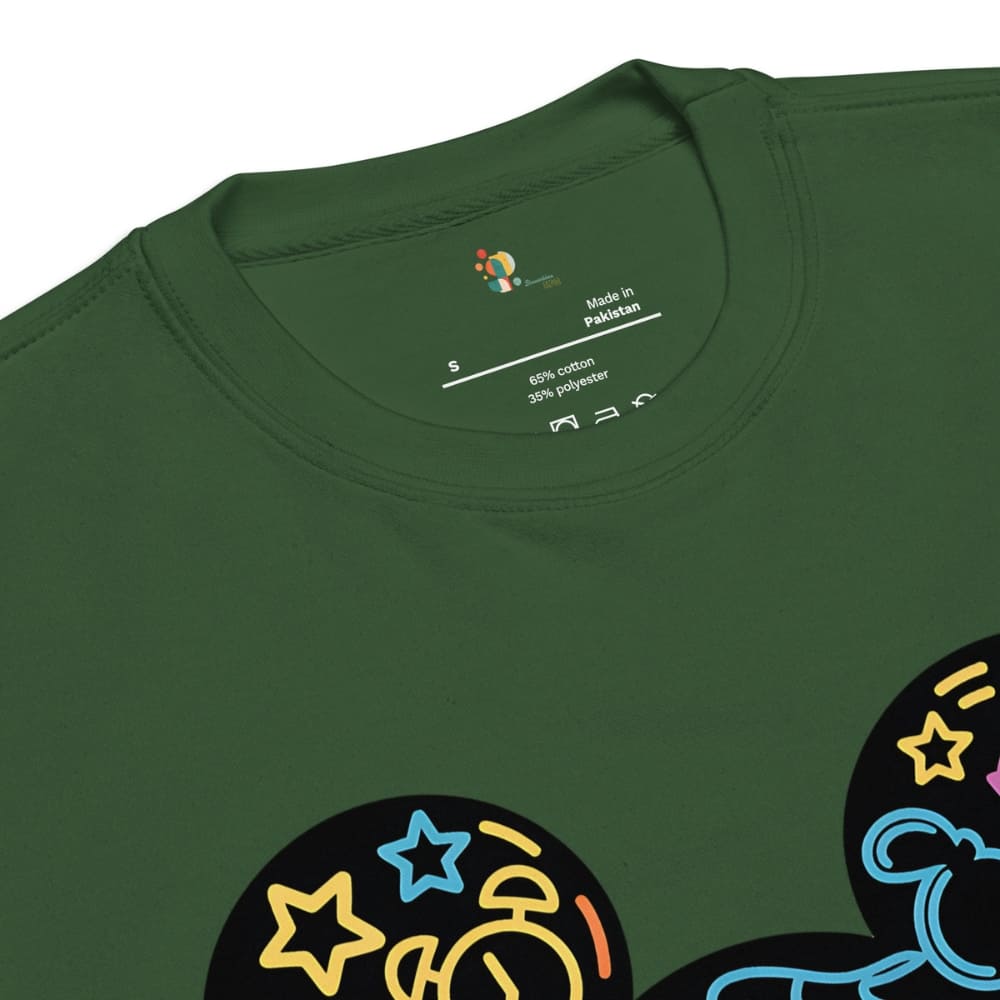 Green t-shirt with colorful graphic design on a white background