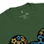 Green t-shirt with colorful graphic design on a white background