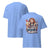 Light blue t-shirt with a colorful graphic and text on a white background