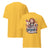 Yellow t-shirt with a colorful graphic and text on a white background