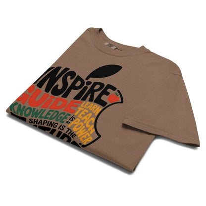 Brown t-shirt with motivational text design on a white background