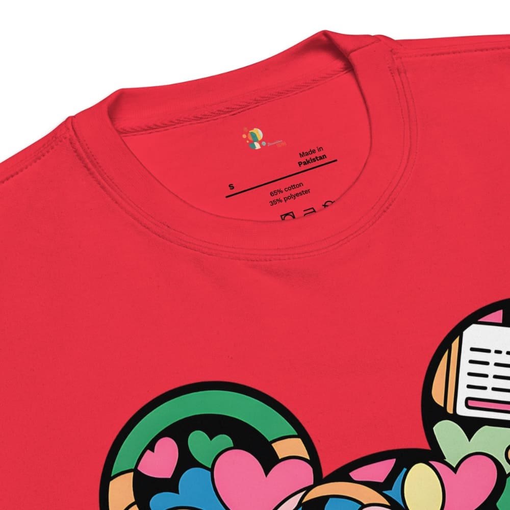 Red t-shirt with colorful graphic design on a white background