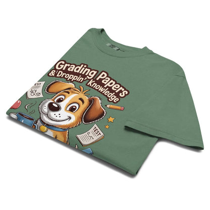 Green t-shirt with a cartoon dog graphic and text on a white background